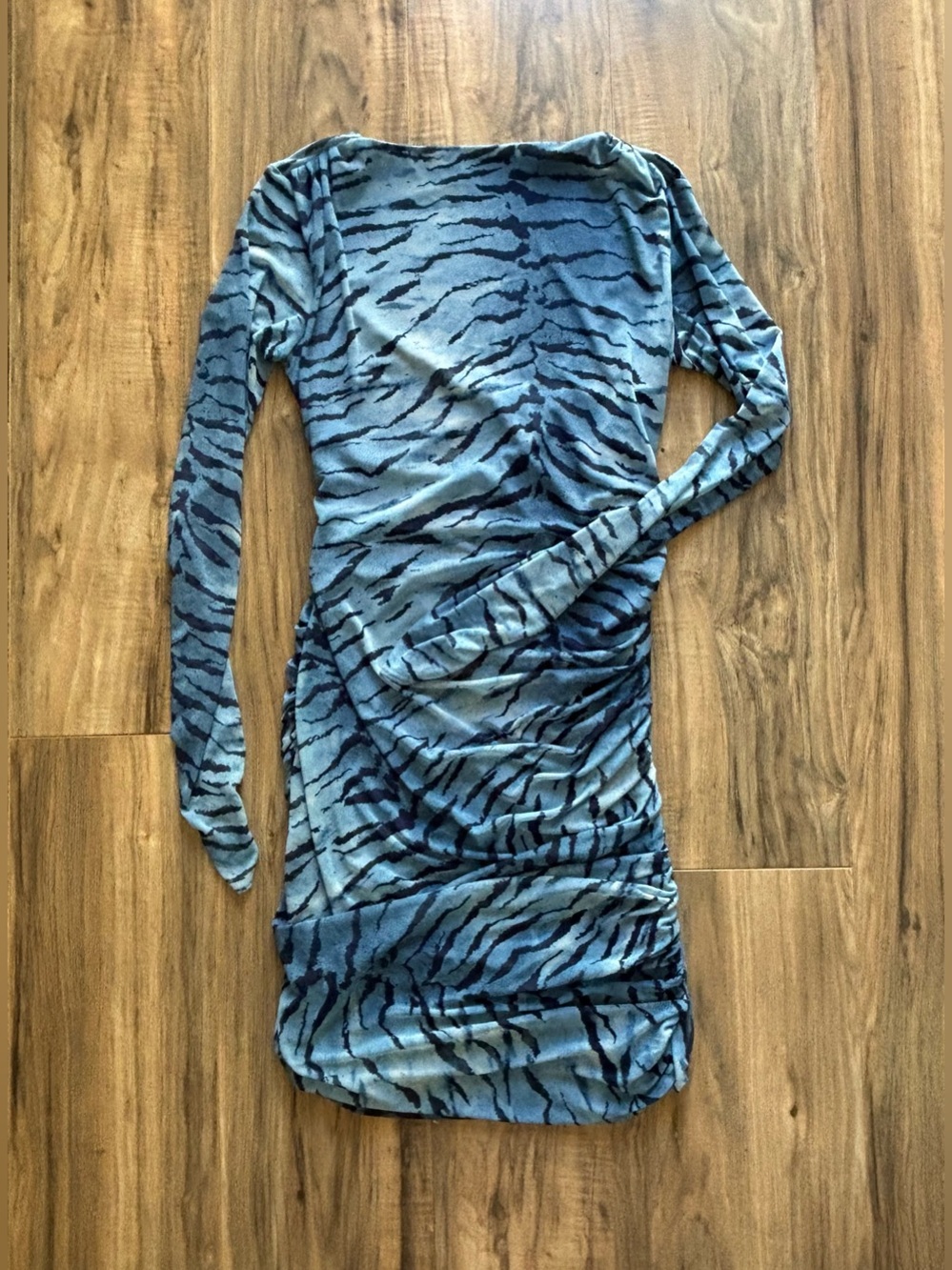 Zara Blue/Black Tiger Animal Print Ruched Mesh Open Back Bodycon Dress Size 2